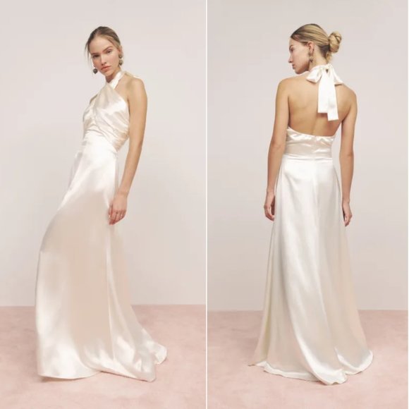 NWT Reformation Veria Silk Maxi Dress Ivory Wrap Halter Neckline Open Back - Picture 1 of 7